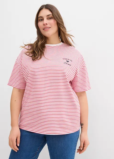 Gestreiftes T-Shirt mit Stickerei in rot von vorne (im Anschnitt) - bonprix