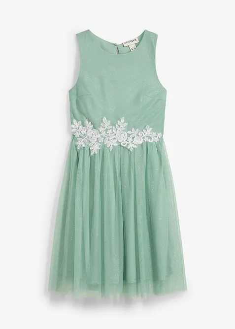 Midikleid mit Spitzenbesatz in grün von vorne - bonprix