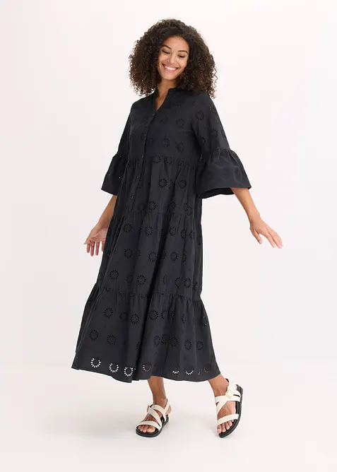 Midikleid aus reiner Baumwolle mit Lochstickerei in schwarz im Look von vorne (Totalaufnahme) - bonprix