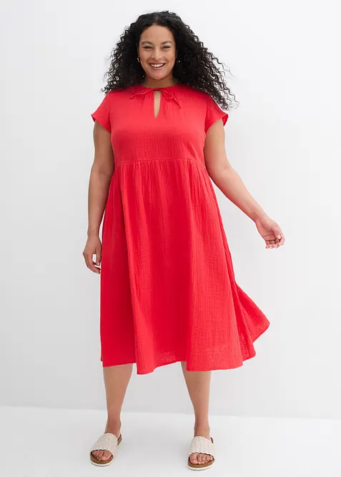 Musselin-Midikleid aus reiner Baumwolle in rot von vorne (Totalaufnahme) - bonprix