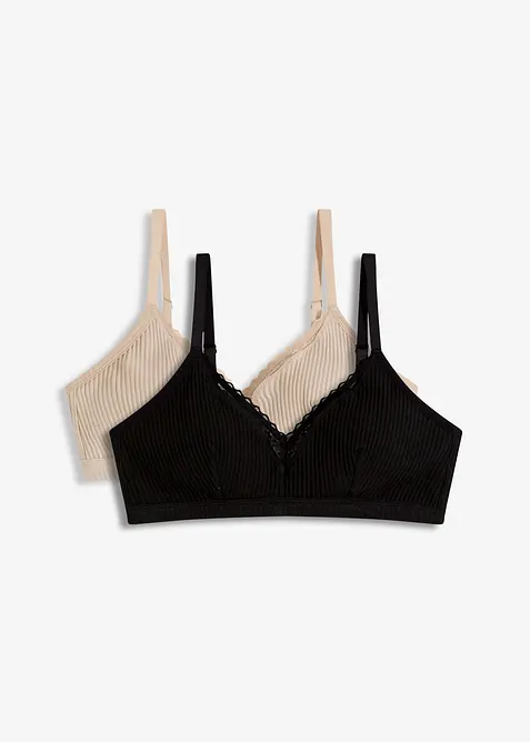 Gepolstertes Bralette ohne Bügel mit Bio-Baumwolle (2er Pack) in schwarz von vorne - bonprix