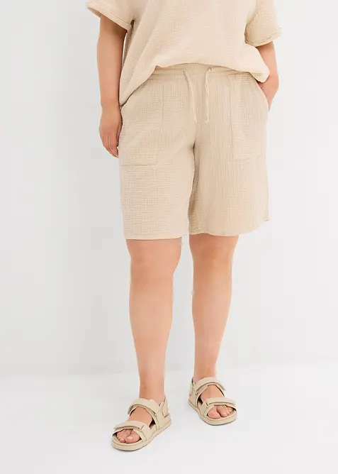 Musselin-Schlupf-Bermuda aus reiner Baumwolle in beige von vorne - bonprix