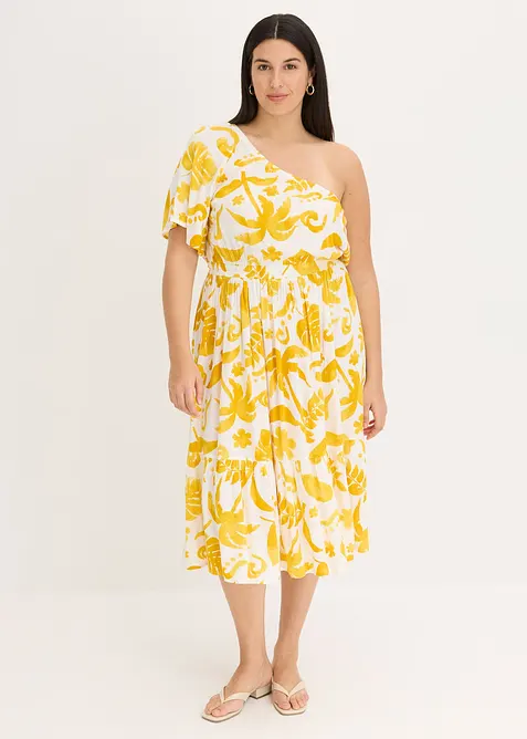 One-Shoulder-Kleid aus strukturierter Viskose in weiß von vorne (Totalaufnahme) - bonprix