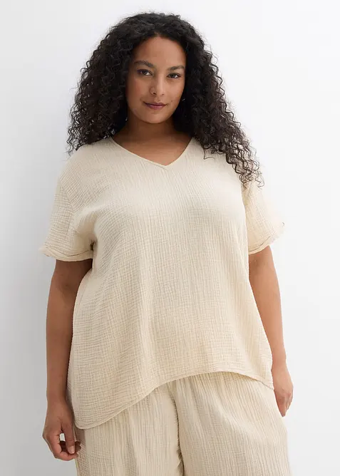 Musselin-Tunika aus reiner Baumwolle in beige von vorne (im Anschnitt) - bonprix