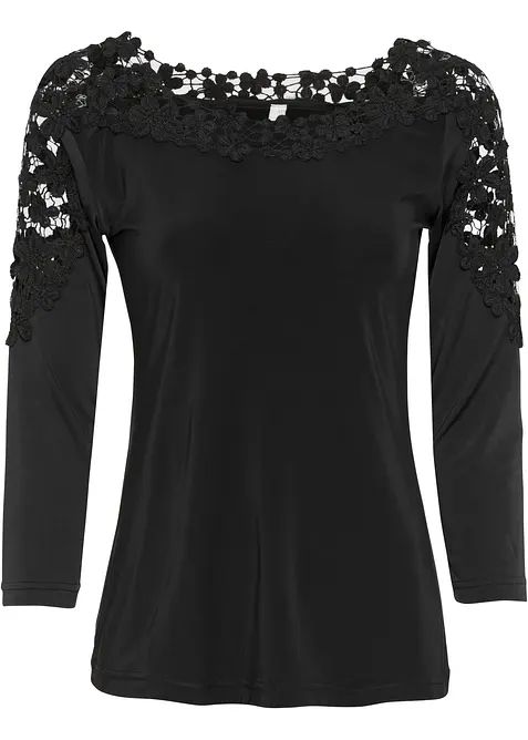 Shirt mit Häkeleinsatz und 3/4 Arm in schwarz von vorne - bonprix