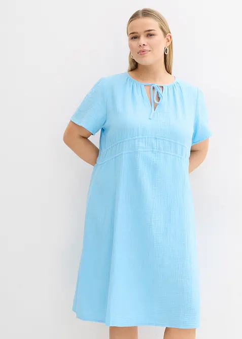 Musselin-Tunika-Kleid aus reiner Baumwolle in blau von vorne (Totalaufnahme) - bonprix