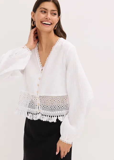 bonprix, Bluse mit Crochet-Einsatz und Fransen