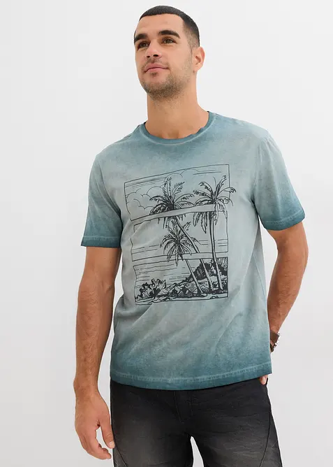 T-Shirt in gewaschener Optik aus Bio-Baumwolle in grün von vorne (im Anschnitt) - bonprix