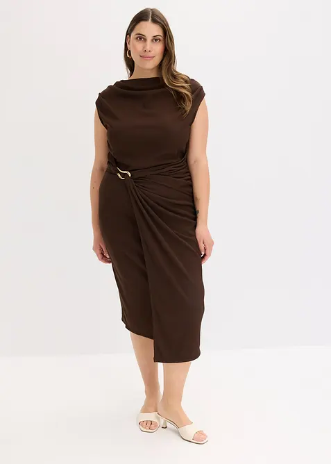 Drapiertes Midikleid in Rippoptik in braun von vorne (Totalaufnahme) - bonprix
