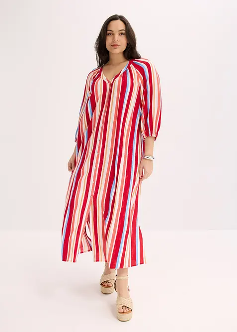 gestreiftes Kaftan-Kleid aus strukturierter Viskose in rot von vorne (Totalaufnahme) - bonprix