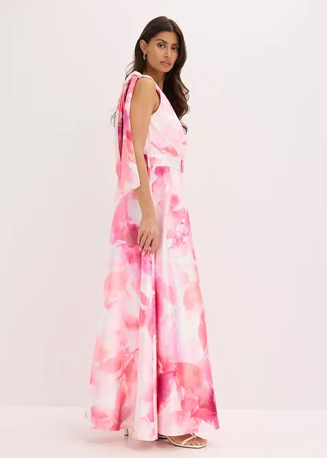 One-Shoulder-Kleid aus glänzendem Satin in weiß im Look von vorne (Totalaufnahme) - bonprix