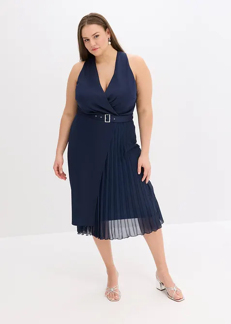 Midikleid in Wickel-Optik mit Plissee-Einsatz in blau von vorne (Totalaufnahme) - bonprix