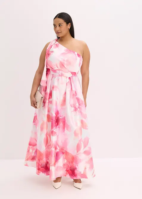 One-Shoulder-Kleid aus glänzendem Satin in weiß von vorne (Totalaufnahme) - bonprix