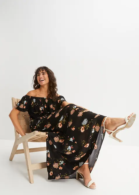 Carmen-Kleid aus fließender Viskose in schwarz im Look von vorne (Totalaufnahme) - bonprix