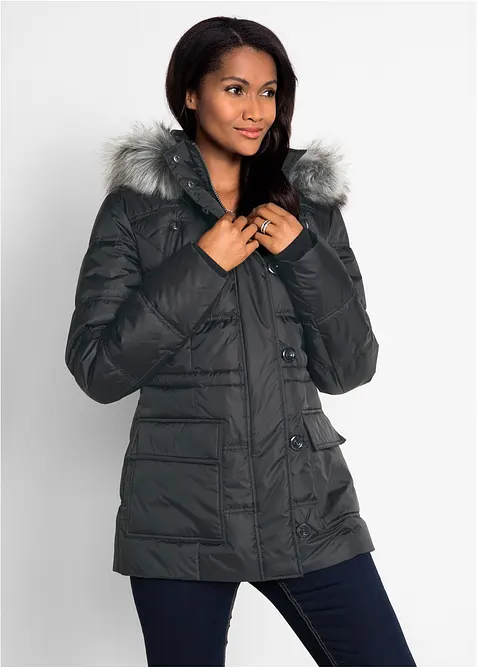 Steppjacke mit Kapuze in schwarz von vorne (im Anschnitt) - bonprix