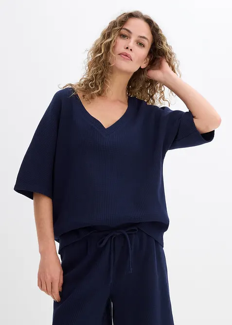 Strukturshirt aus reiner Baumwolle in blau von vorne (im Anschnitt) - bonprix
