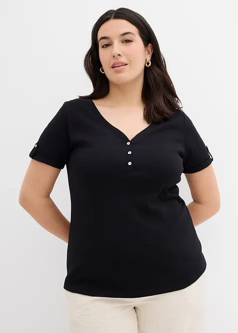 Henleyshirt aus reiner Bio-Baumwolle in schwarz von vorne (im Anschnitt) - bonprix