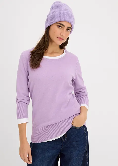 Basic Pullover mit recycelter Baumwolle in lila von vorne (im Anschnitt) - bonprix