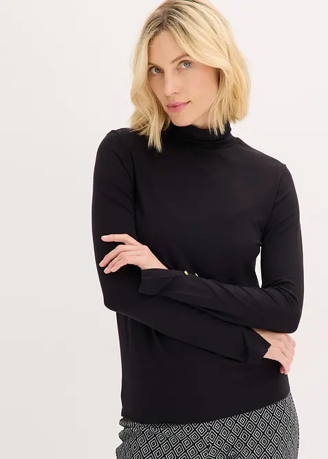 Rollkragenshirt mit dekorativen Knöpfen in schwarz von vorne (im Anschnitt) - bonprix