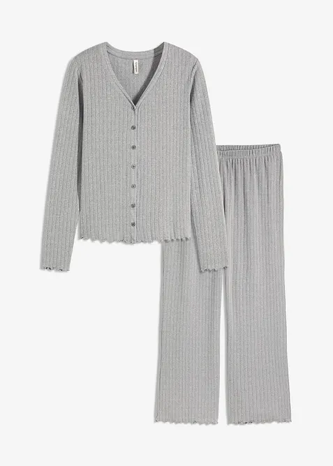 Loungewear Hausanzug aus weichem Pointelle-Jersey in grau von vorne - bonprix