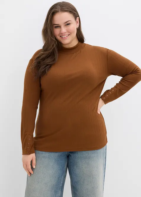 Geripptes Langarmshirt in braun von vorne (im Anschnitt) - bonprix