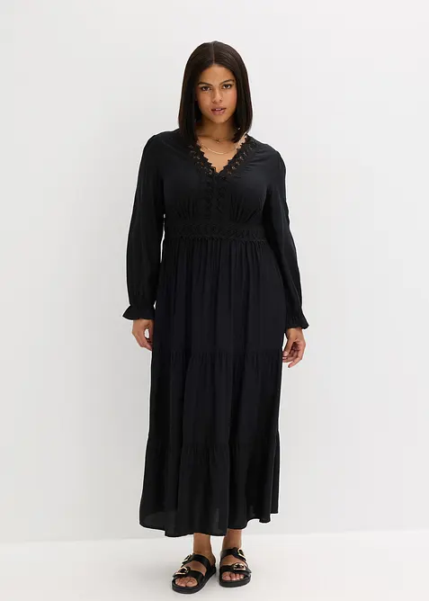 Maxikleid aus reiner Viskose in schwarz von vorne (Totalaufnahme) - bonprix