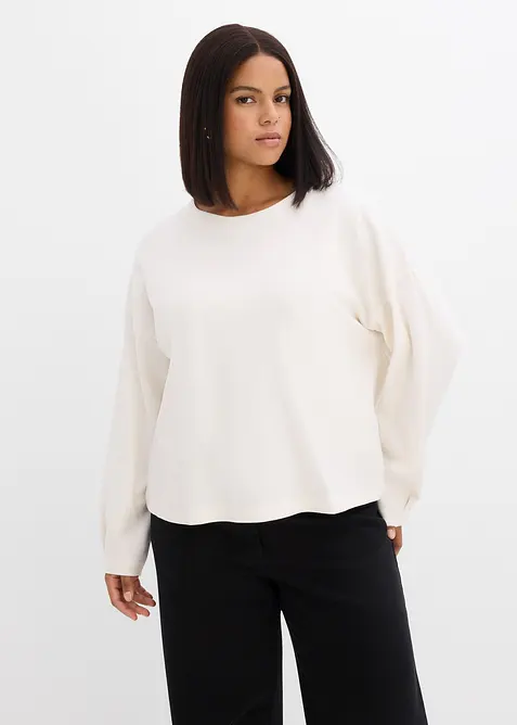 Weites Langarmshirt aus reiner Baumwolle in beige von vorne (im Anschnitt) - bonprix