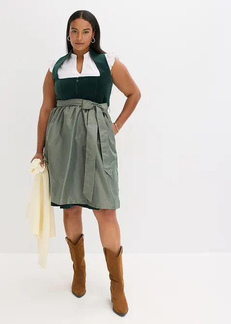 Dirndl mit Samt-Mieder und Satin-Schürze (2-tlg.Set) in grün von vorne (Totalaufnahme) - bonprix