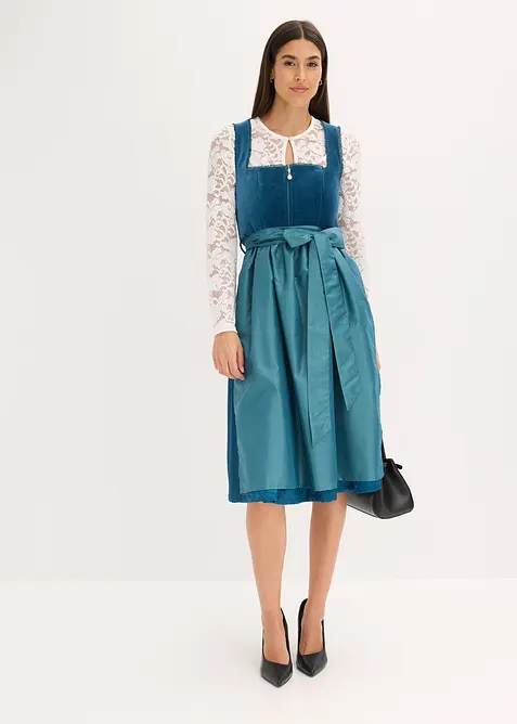 Dirndl mit Samt in Midilänge (2-tlg.Set) in blau im Look von vorne (Totalaufnahme) - bonprix