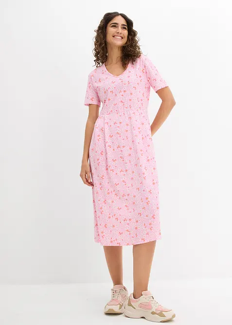 Baumwoll-Jerseykleid, Midilänge in rosa von vorne (Totalaufnahme) - bonprix