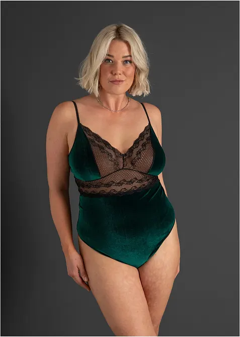 Samtbody ouvert in grün von vorne (Totalaufnahme) - bonprix