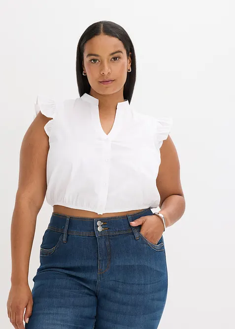 Dirndlbluse mit Stehkragen und Rüschen-Ärmel in weiß von vorne (im Anschnitt) - bonprix