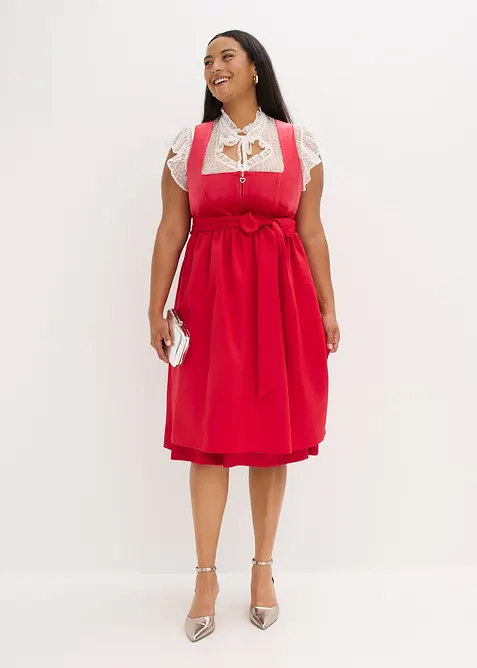 Dirndl mit Samt in Midilänge (2-tlg.Set) in rot von vorne (Totalaufnahme) - bonprix