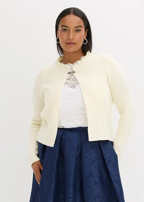 Trachten-Strickjacke in weiß von vorne (im Anschnitt) - bonprix