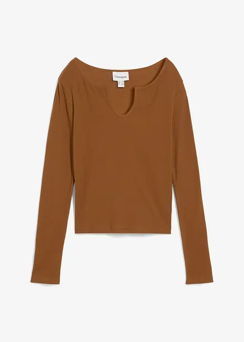 Kurzes Rippshirt mit reiner Bio-Baumwolle in braun von vorne - bonprix
