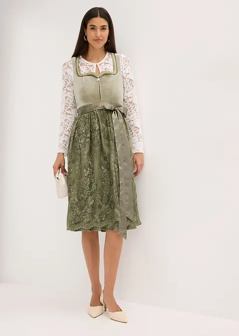 Dirndl mit Pailletten Schürze (2-tlg.Set) in grün im Look von vorne (Totalaufnahme) - bonprix