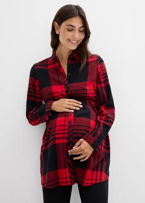 Lange Umstandsbluse aus weichem Baumwoll-Flanell in rot von vorne (im Anschnitt) - bonprix