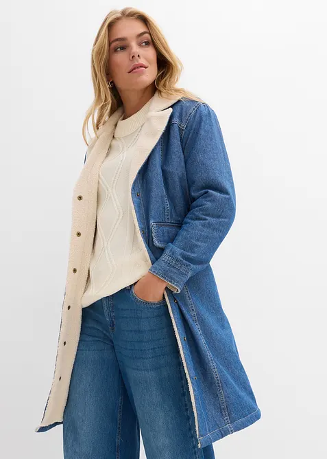 Denim-Wintermantel, warm gefüttert mit Teddy in blau von vorne (Totalaufnahme) - bonprix
