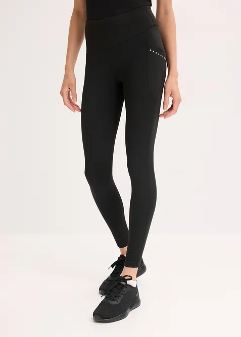 Therm Sport-Leggings mit reflektierenden Details und Handytasche, schnelltrocknend in schwarz von vorne - bonprix