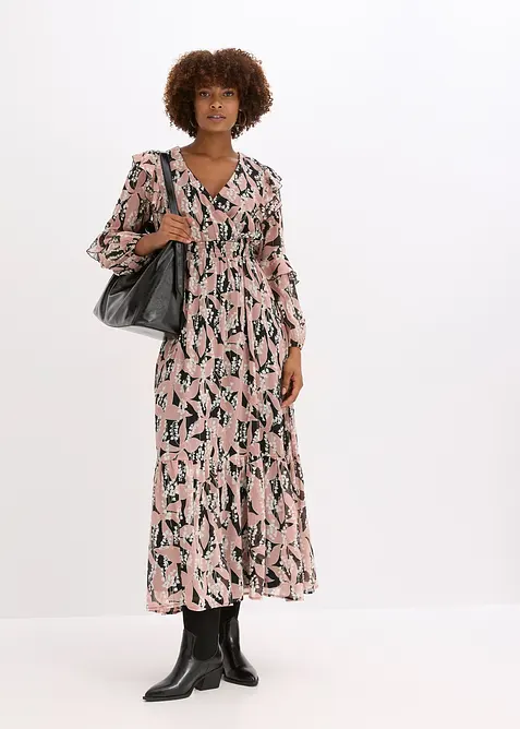 Chiffonkleid mit Volants in schwarz von vorne (Totalaufnahme) - bonprix