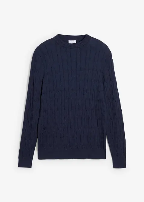 Zopfstrick-Pullover aus reiner Baumwolle in blau von vorne - bonprix