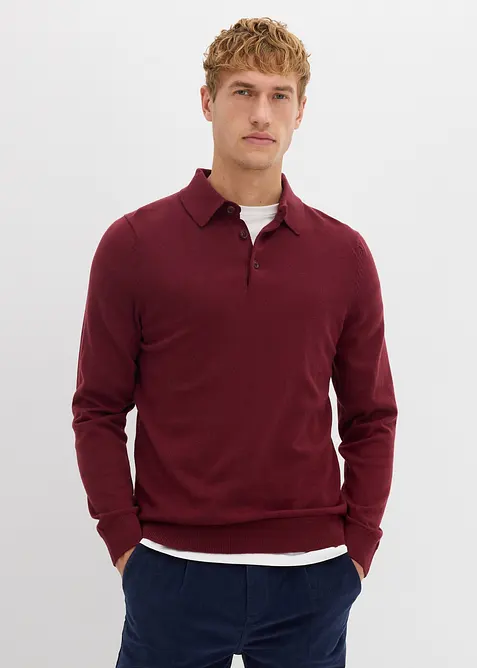 Feinstrick-Polopullover mit edler Merinowolle, Slim-Fit in rot von vorne (im Anschnitt) - bonprix