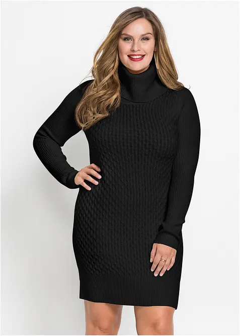 Figurbetontes Strickkleid mit Rollkragen in schwarz von vorne (Totalaufnahme) - bonprix