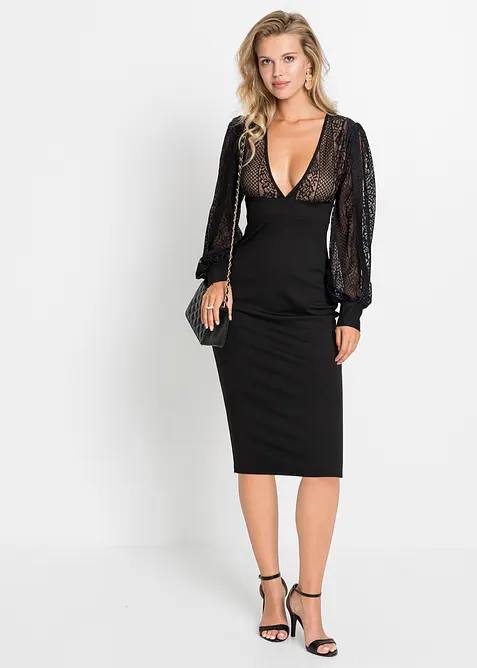 Figurbetontes Midikleid mit Spitze in schwarz im Look von vorne (Totalaufnahme) - bonprix