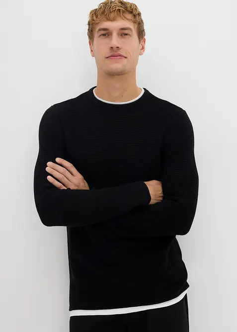 Feinstrickpullover in 2 in 1 Optik in schwarz von vorne (im Anschnitt) - bonprix