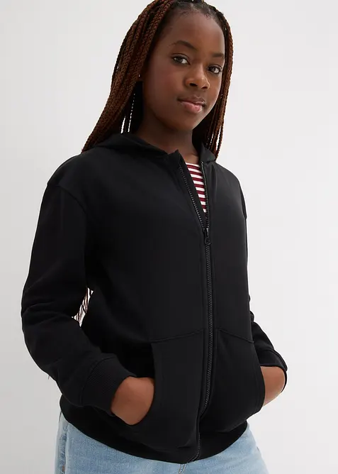 Kapuzen-Sweatjacke aus weichem Bio-Baumwoll-Mix in schwarz von vorne (im Anschnitt) - bonprix