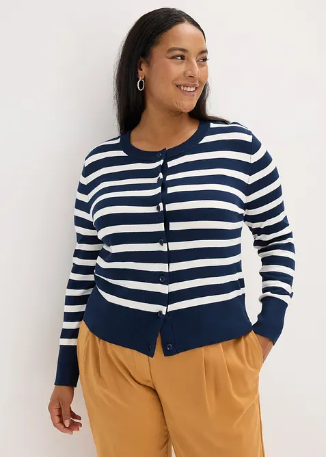 Feinstrick-Cardigan mit Streifen in blau von vorne (im Anschnitt) - bonprix