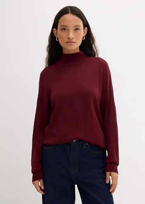 Leichter Feinstrickpullover mit breitem Turtleneck aus Viskose-Mix in rot von vorne (im Anschnitt) - bonprix