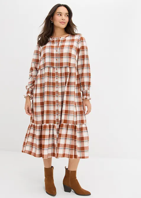 Flanell-Midikleid aus reiner Baumwolle in braun von vorne (Totalaufnahme) - bonprix