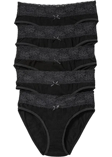 Slip mit weicher Baumwolle und Spitze (5er Pack) in schwarz von vorne - bonprix